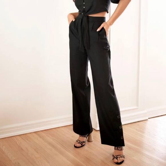 High Rise Wide Leg Button Hem Pants - Picture 2 of 5